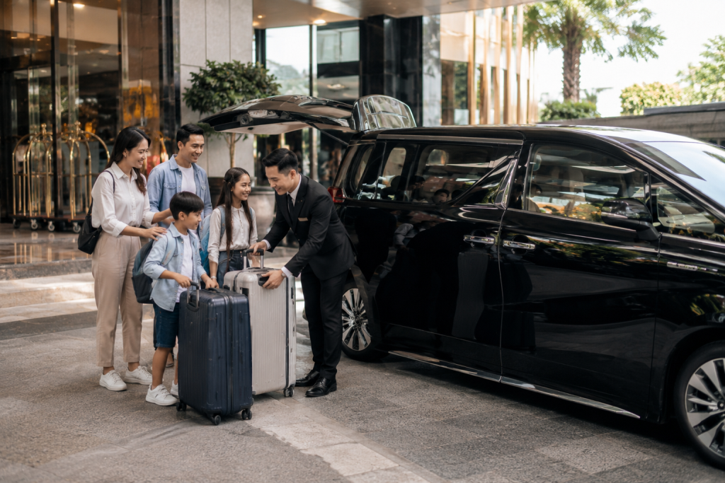 Airport transfer mengantar keluarga Indonesia dari bandara menuju hotel di Singapore
