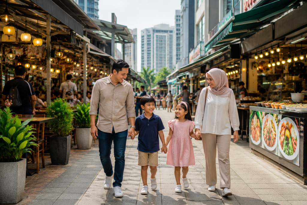 Suasana wisata kuliner halal di Johor Bahru untuk keluarga Indonesia.