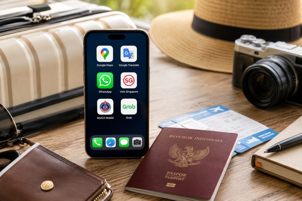 Smartphone berisi aplikasi penting untuk liburan ke Singapore.
