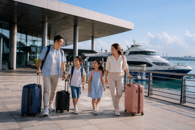 Keluarga Indonesia tiba di HarbourFront Ferry Terminal terbaru Singapore untuk perjalanan menuju Batam.