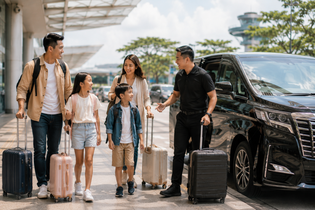 Keluarga Indonesia berjalan menuju kendaraan airport transfer bersama driver profesional.
