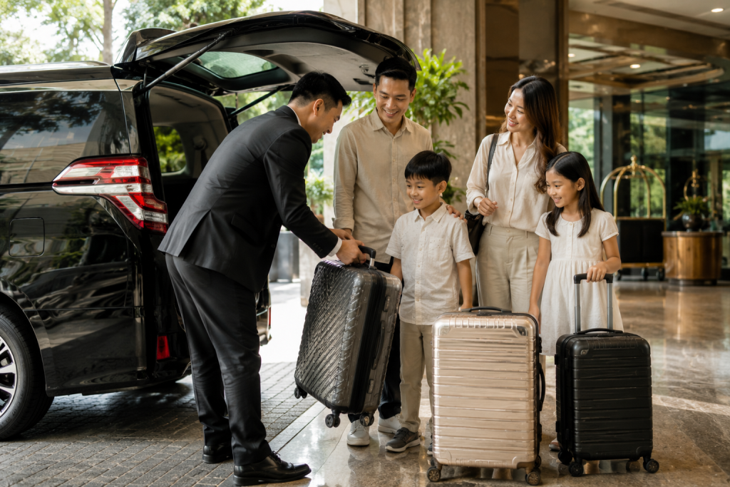 Sopir membantu keluarga Indonesia saat tiba di hotel di Kuala Lumpur.