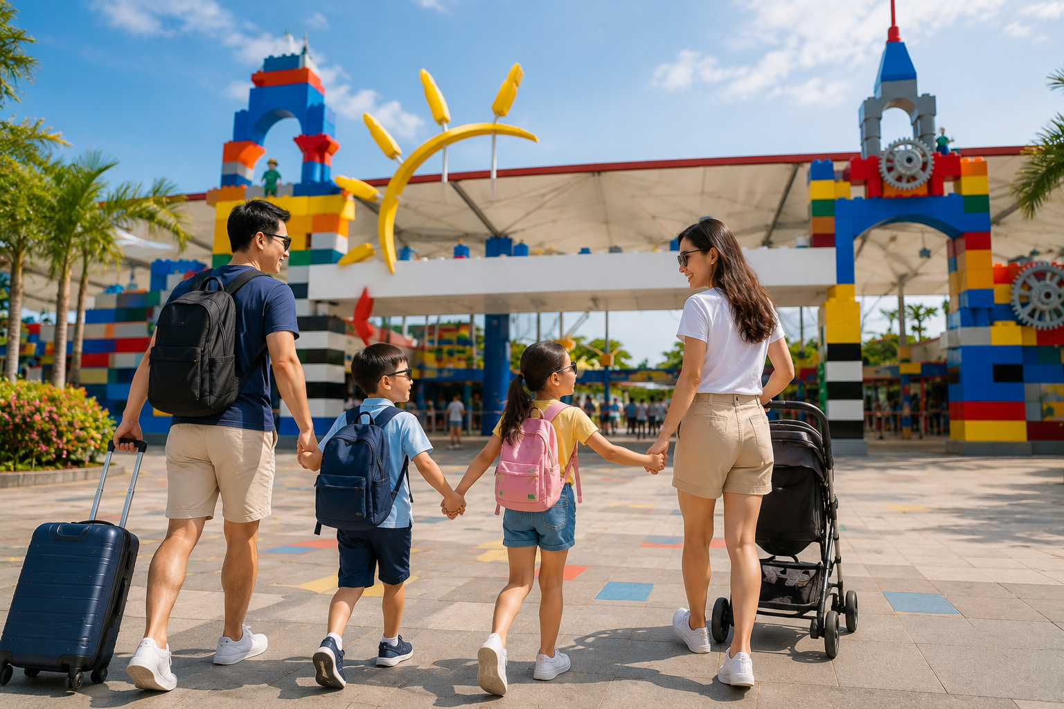 Keluarga Indonesia memasuki Legoland Malaysia pada pagi hari agar bisa mencoba semua wahana.