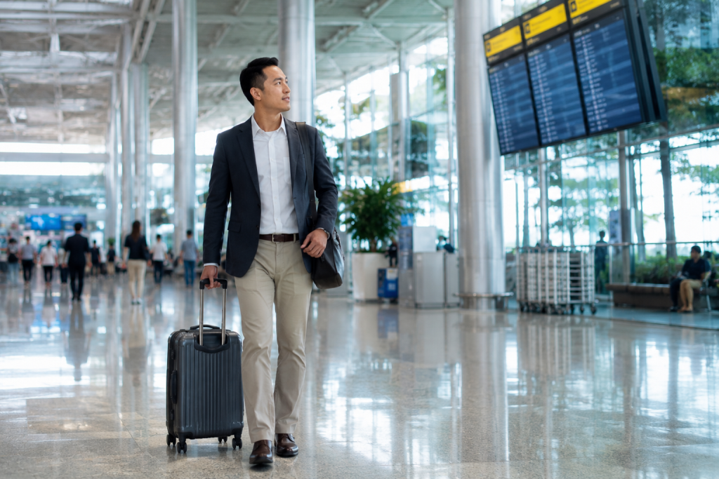 Business traveler mencari transportasi setelah tiba di bandara