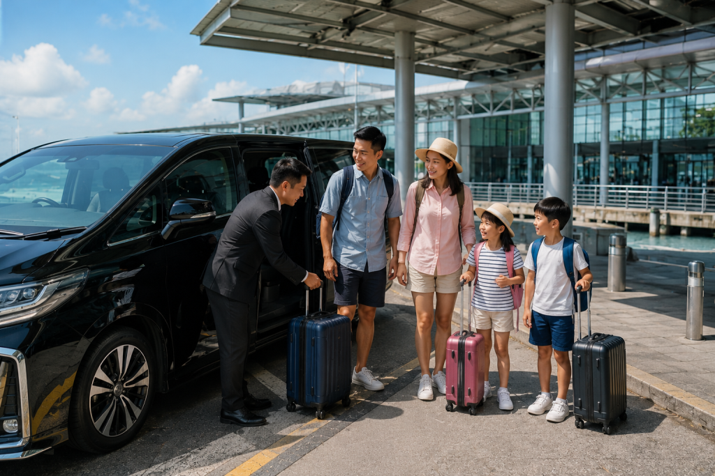 Keluarga Indonesia tiba di HarbourFront menggunakan private transfer