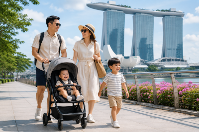 Keluarga Indonesia membawa stroller saat liburan di Singapore dekat Marina Bay Sands