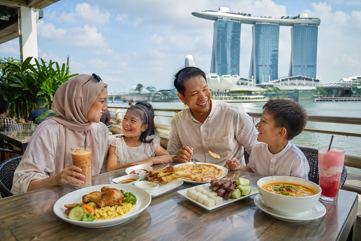 Keluarga Indonesia menikmati makanan halal di Singapore dengan latar Marina Bay Sands.