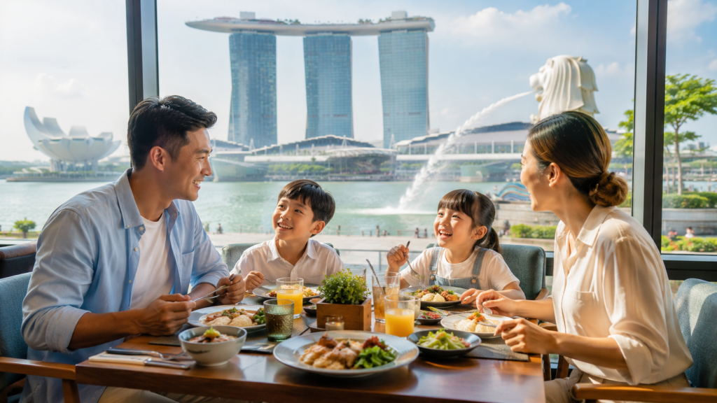 Keluarga Indonesia makan siang saat city tour Singapore