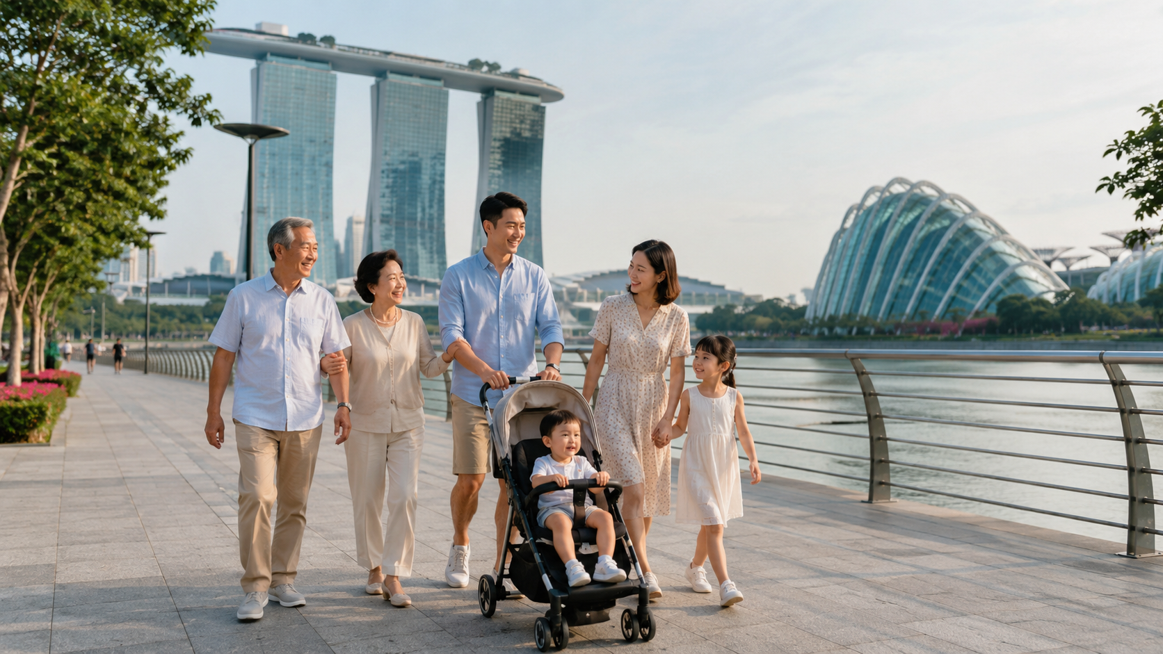 Keluarga Indonesia menikmati tempat wisata gratis di Merlion Park Singapore