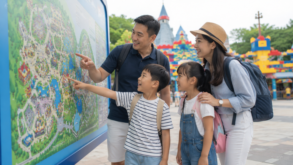 Keluarga Indonesia merencanakan rute bermain di Legoland Malaysia.