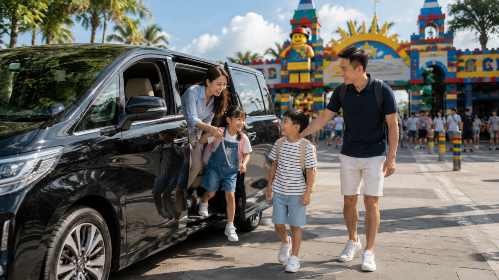 Keluarga Indonesia tiba di Legoland Malaysia menggunakan private charter.