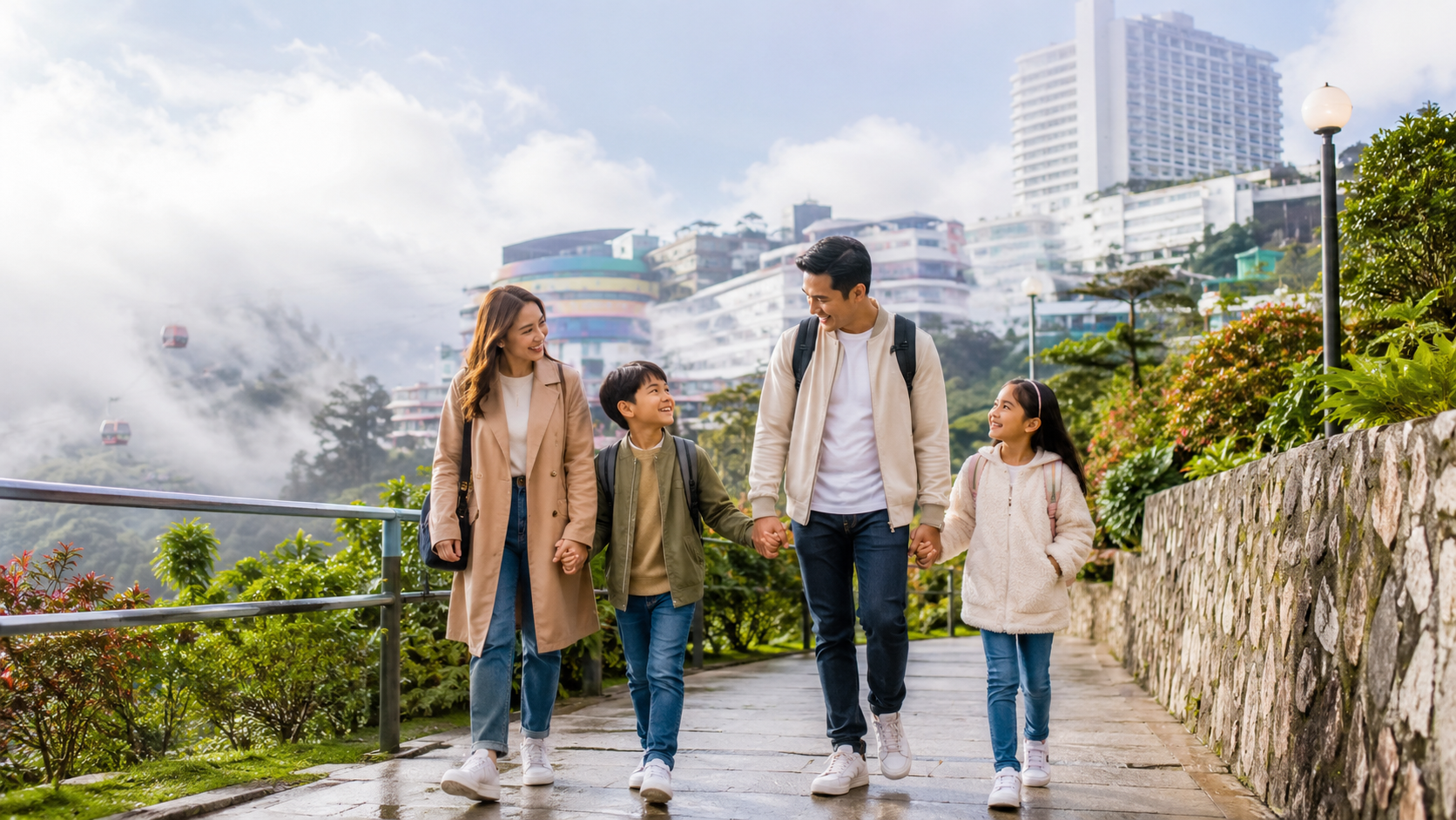 Keluarga Indonesia menikmati suasana Genting Highlands saat kabut di Malaysia.