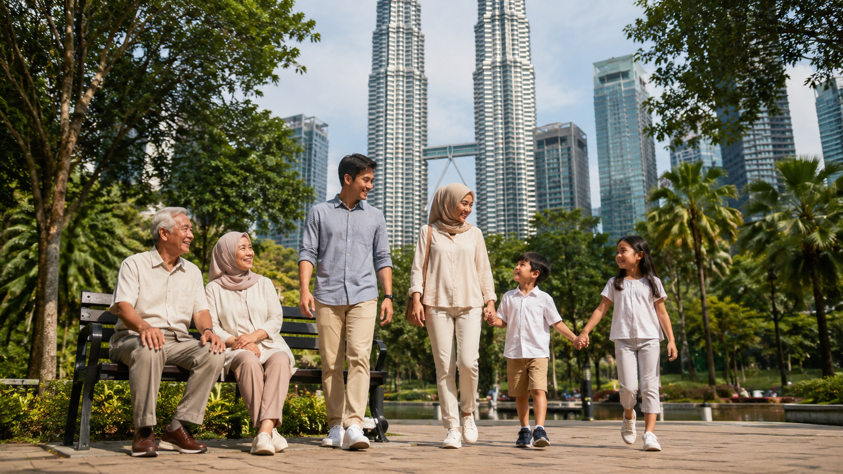 Keluarga Indonesia menikmati liburan bersama orang tua di KLCC Park Kuala Lumpur Malaysia
