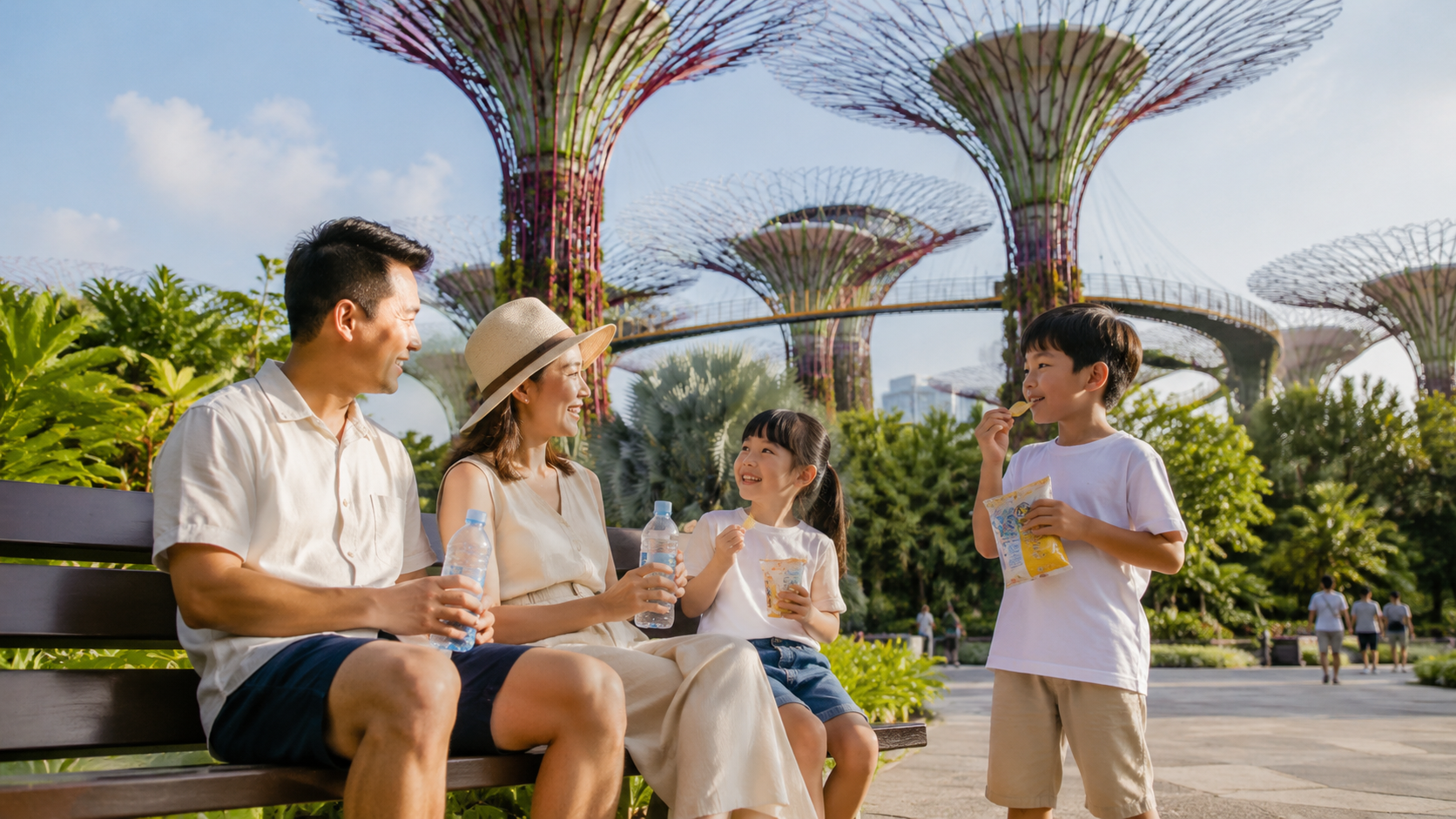 Keluarga Indonesia beristirahat saat city tour Singapore di Gardens by the Bay