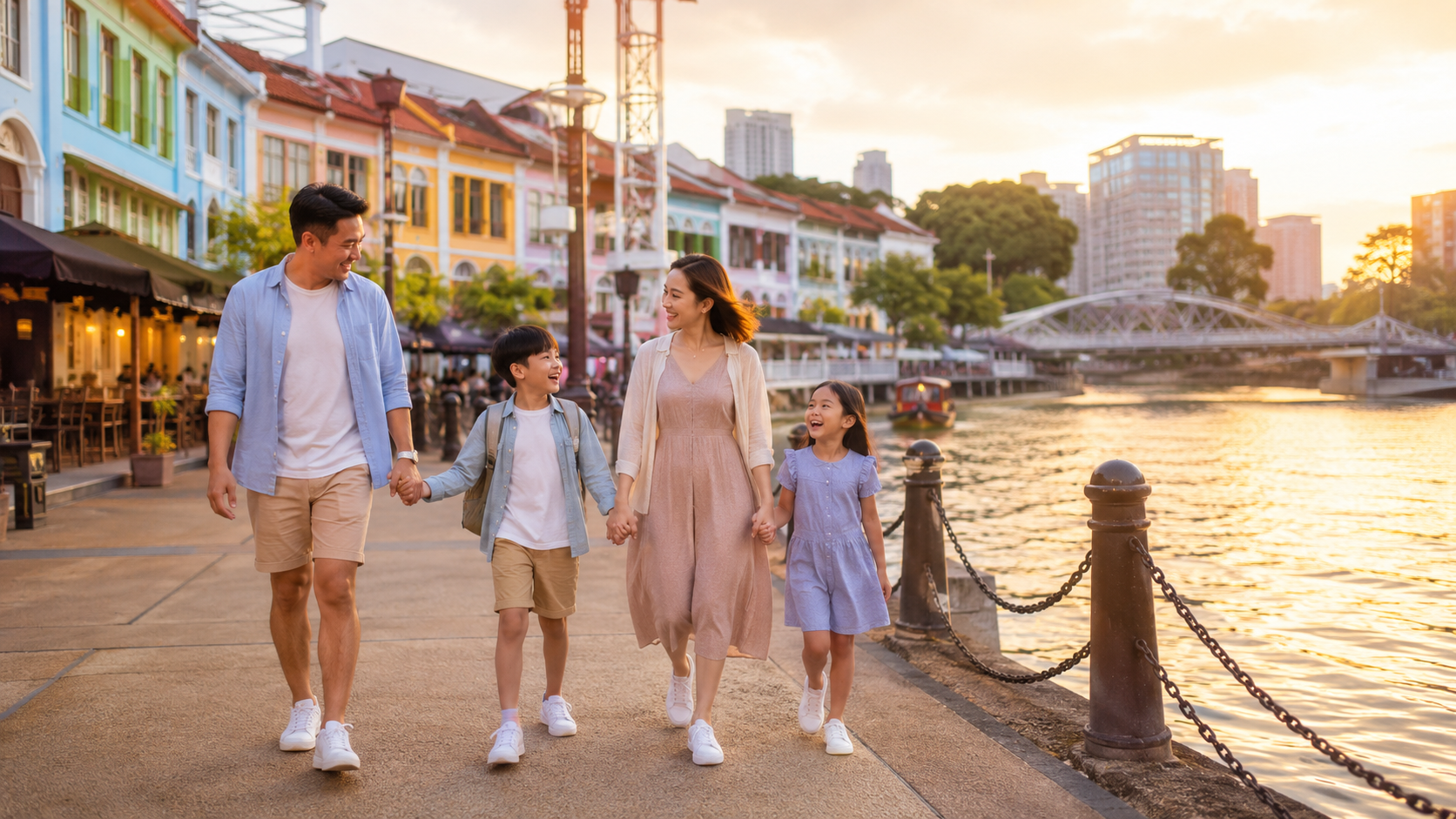 Keluarga Indonesia menikmati liburan di Clarke Quay Singapore pada sore hari