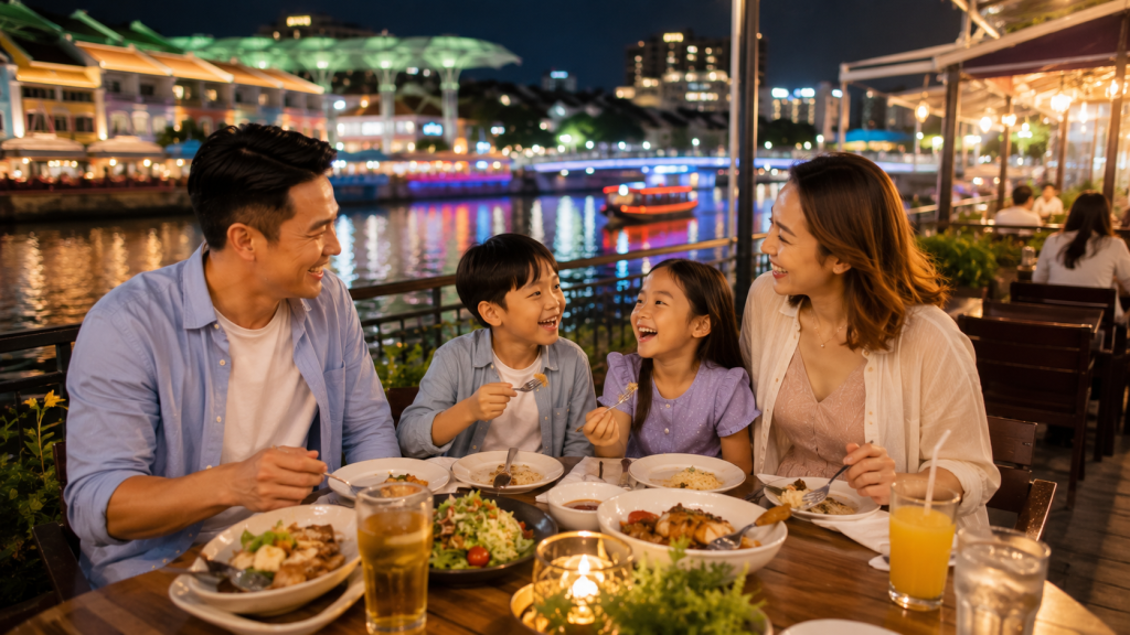 Keluarga makan malam di restoran Clarke Quay Singapore