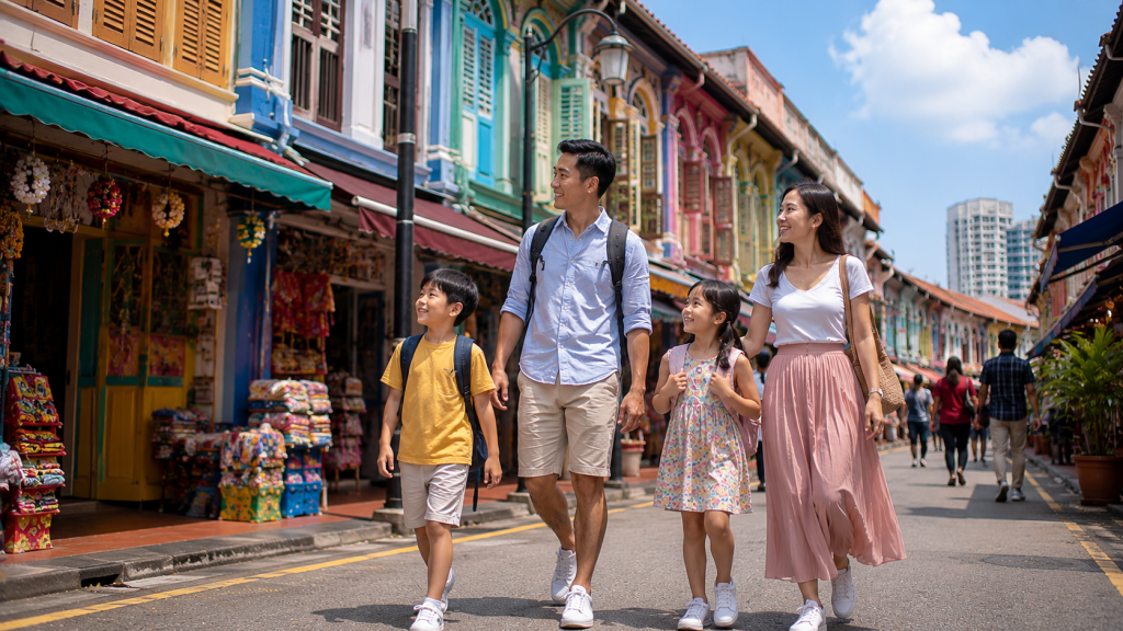 Keluarga Indonesia berjalan di Serangoon Road Little India Singapore.