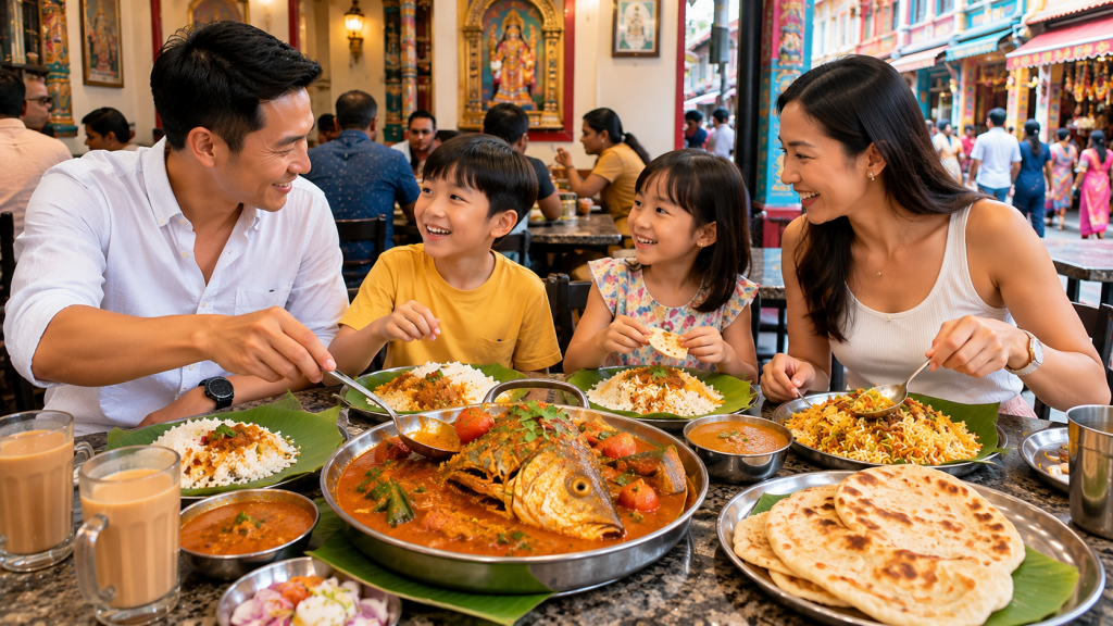 Keluarga Indonesia menikmati kuliner khas Little India Singapore.
