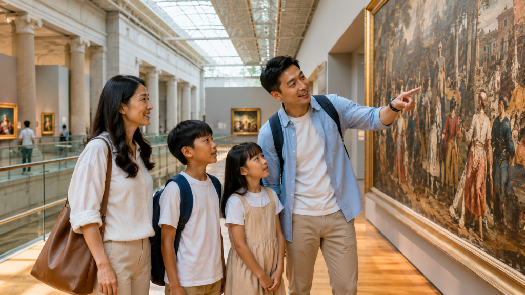 Keluarga Indonesia menikmati galeri seni di National Gallery Singapore