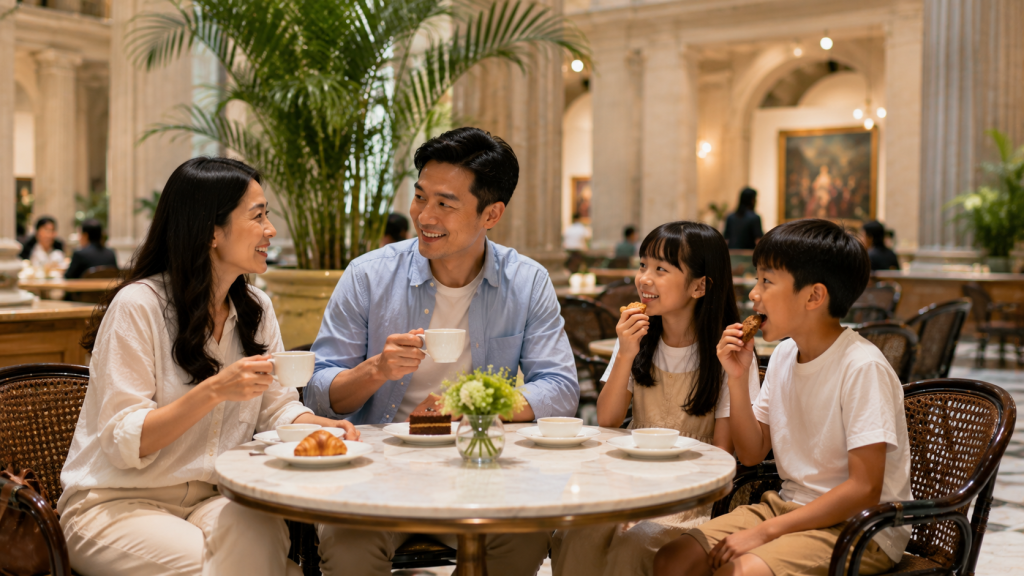 Keluarga beristirahat di café National Gallery Singapore