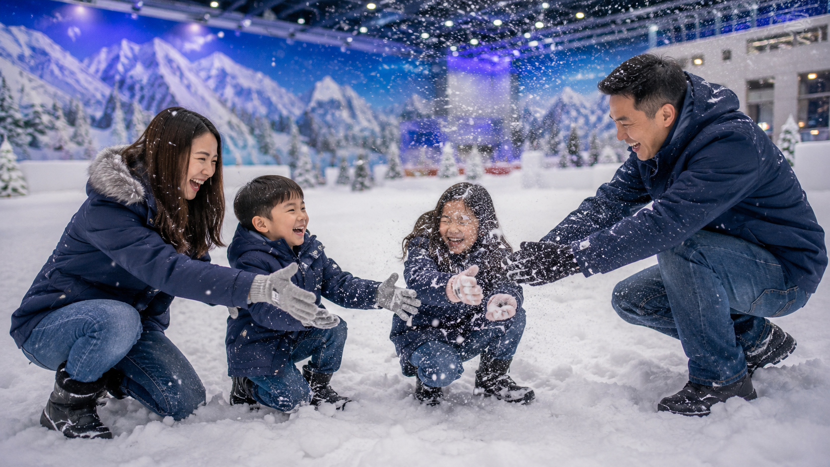 Keluarga Indonesia bermain salju di Snow City Singapore