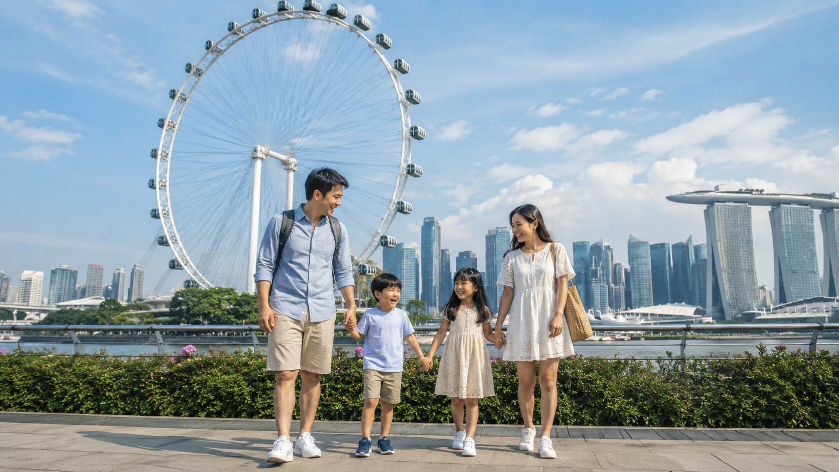 Keluarga Indonesia berfoto di depan Singapore Flyer saat liburan di Singapore
