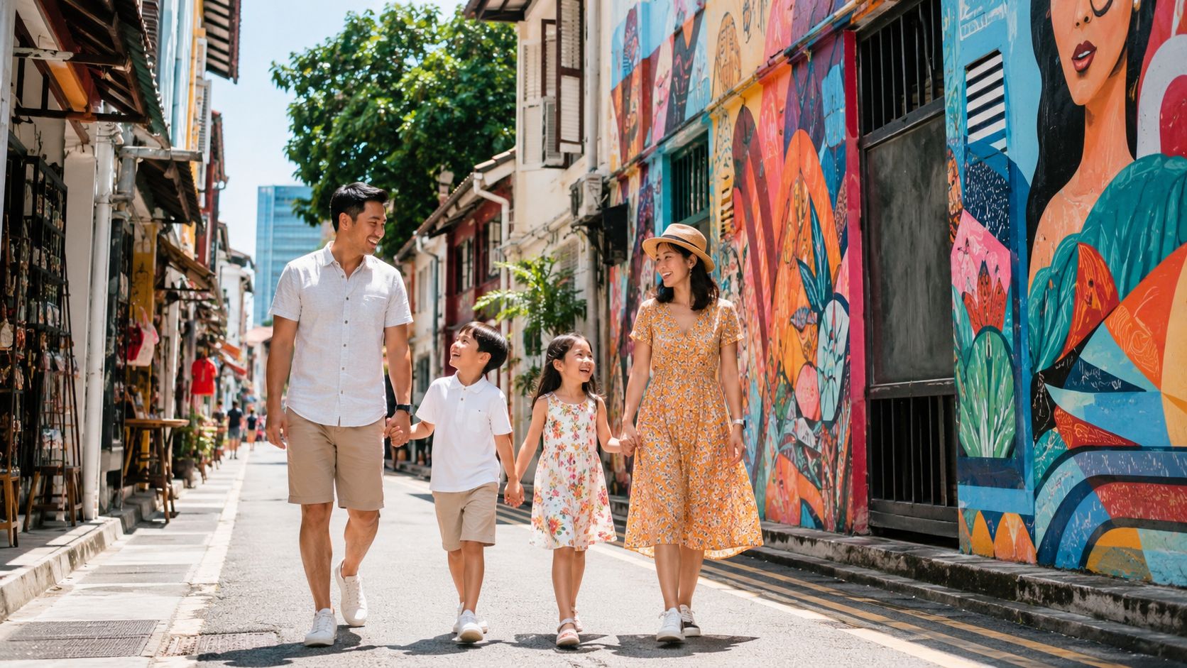 Keluarga Indonesia menikmati suasana Haji Lane Singapore dengan mural street art yang ikonik.