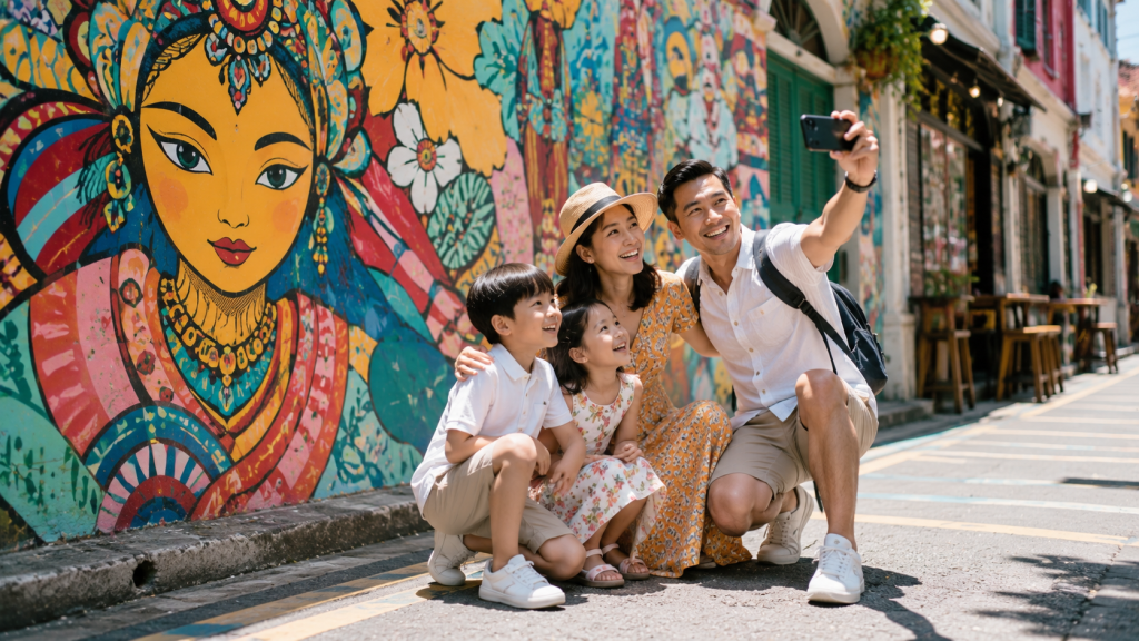 Keluarga Indonesia berfoto di mural Haji Lane Singapore.
