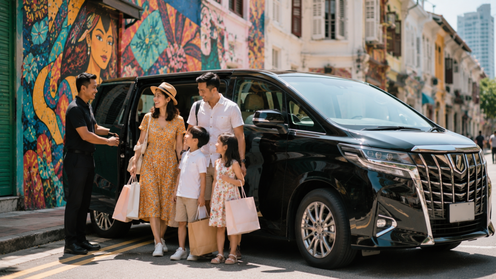 Layanan private charter Travelincheck menjemput keluarga Indonesia di Haji Lane Singapore.