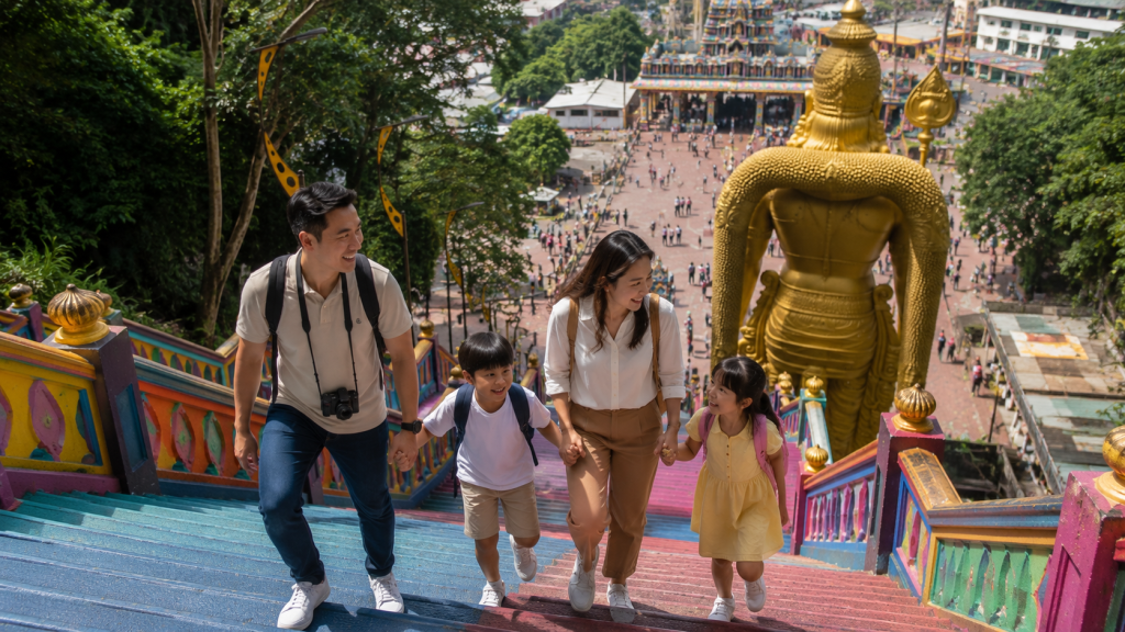 Keluarga Indonesia menaiki Rainbow Stairs Batu Caves.