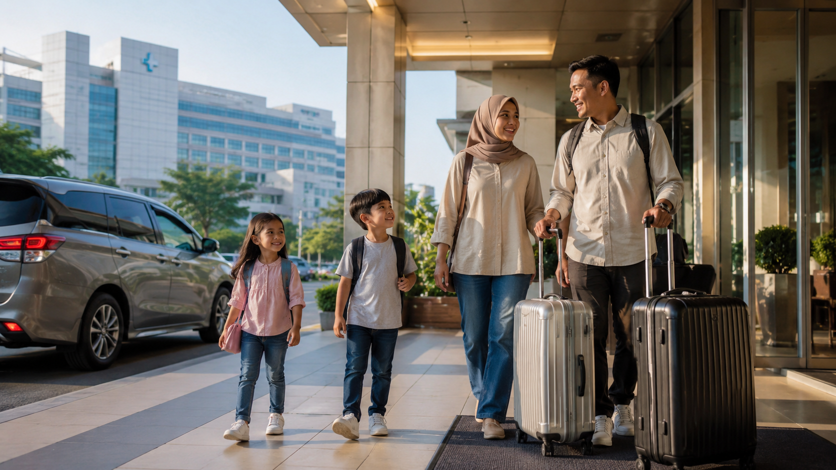 Keluarga Tiba di Hotel dengan nyaman