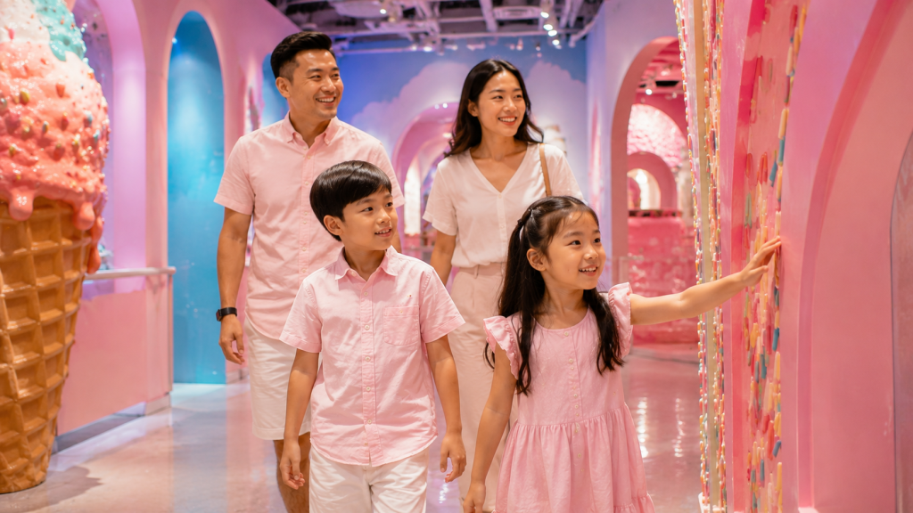 Keluarga menikmati Museum of Ice Cream Singapore.