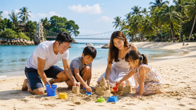 Keluarga Indonesia menikmati suasana Palawan Beach Sentosa bersama anak-anak.