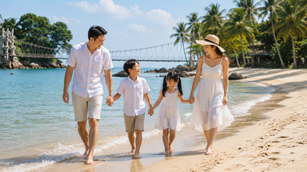 Keluarga Indonesia berjalan santai di Palawan Beach Sentosa.