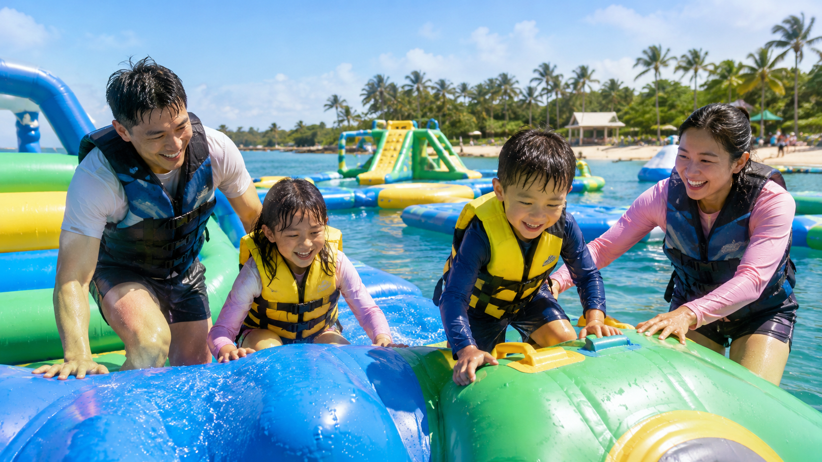 Keluarga Indonesia bermain bersama di HydroDash Singapore Palawan Beach Sentosa.