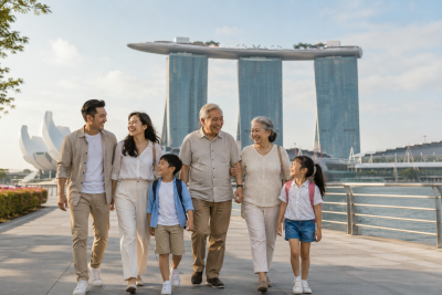 Liburan keluarga Indonesia bersama orang tua menikmati Marina Bay Singapore dengan nyaman.
