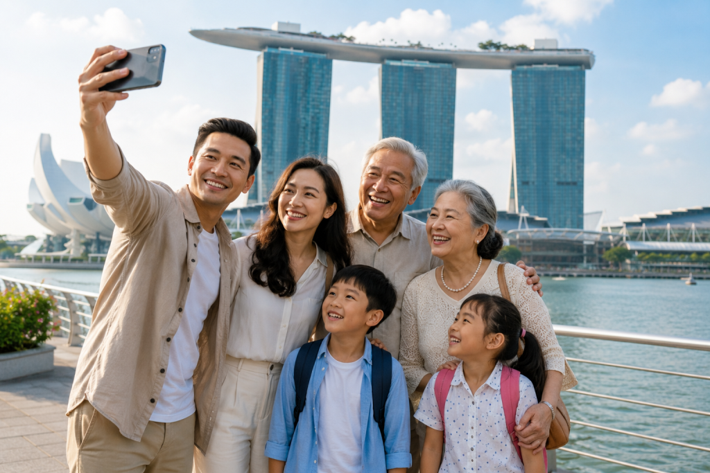 Keluarga Indonesia menikmati Marina Bay Singapore bersama orang tua.