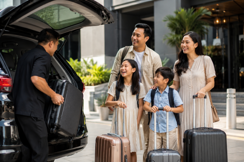 Keluarga Indonesia tiba di hotel setelah menggunakan airport transfer.