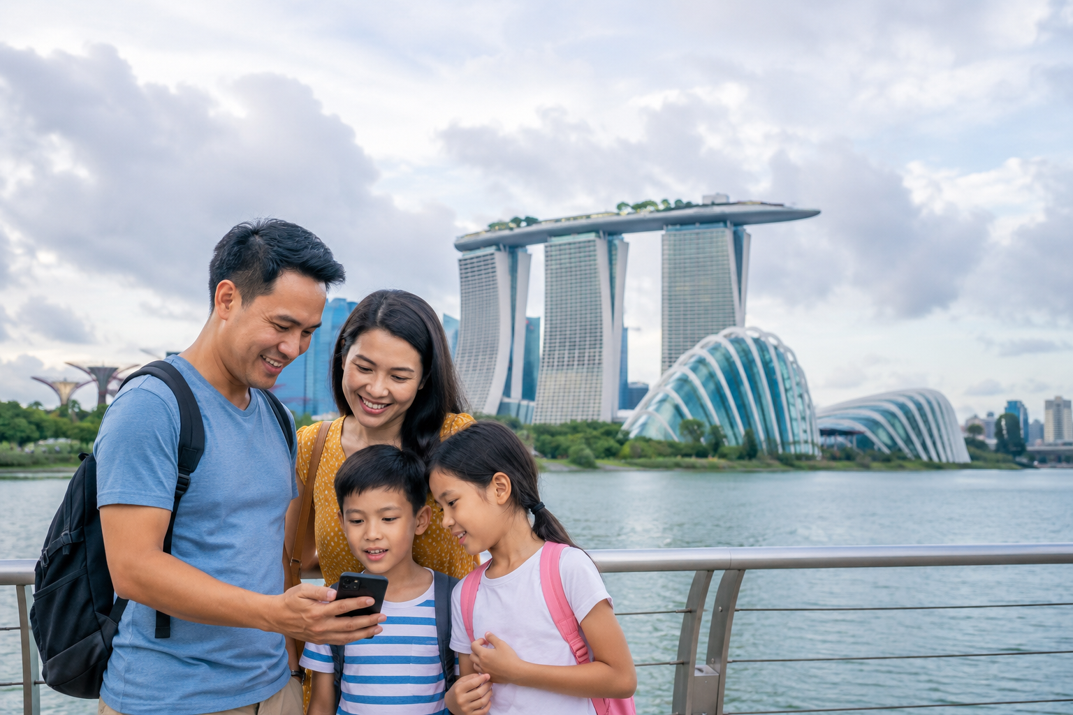 Keluarga Indonesia menyusun itinerary Singapore yang fleksibel di Marina Bay.