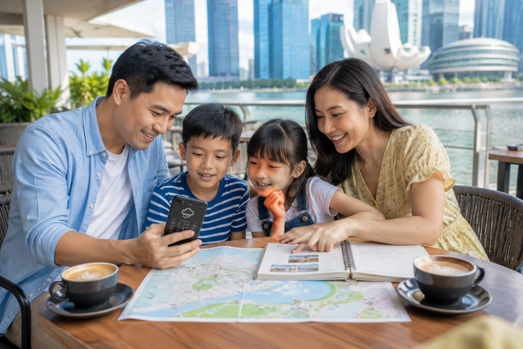 Orang tua Indonesia mengecek cuaca sebelum berwisata di Singapore.
