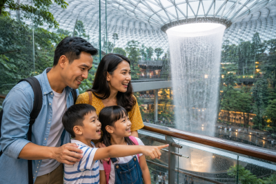 Keluarga Indonesia mengunjungi Jewel Changi Airport sesaat setelah tiba di Singapore.