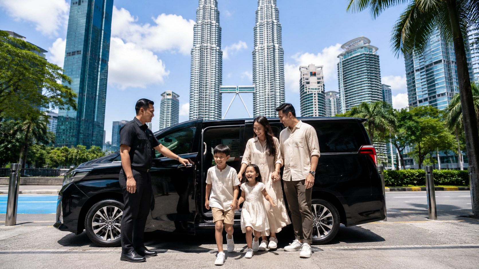 Keluarga Indonesia menggunakan private charter untuk menjelajahi Kuala Lumpur tanpa transportasi umum.