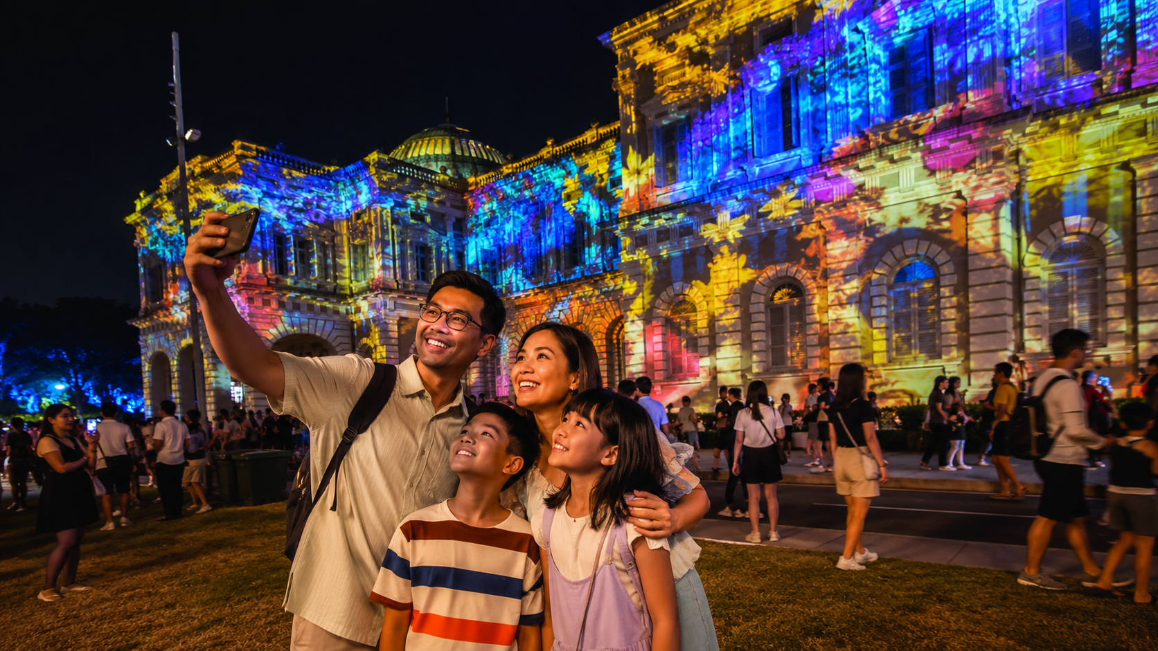 Keluarga Indonesia menikmati Singapore Night Festival di National Museum Singapore