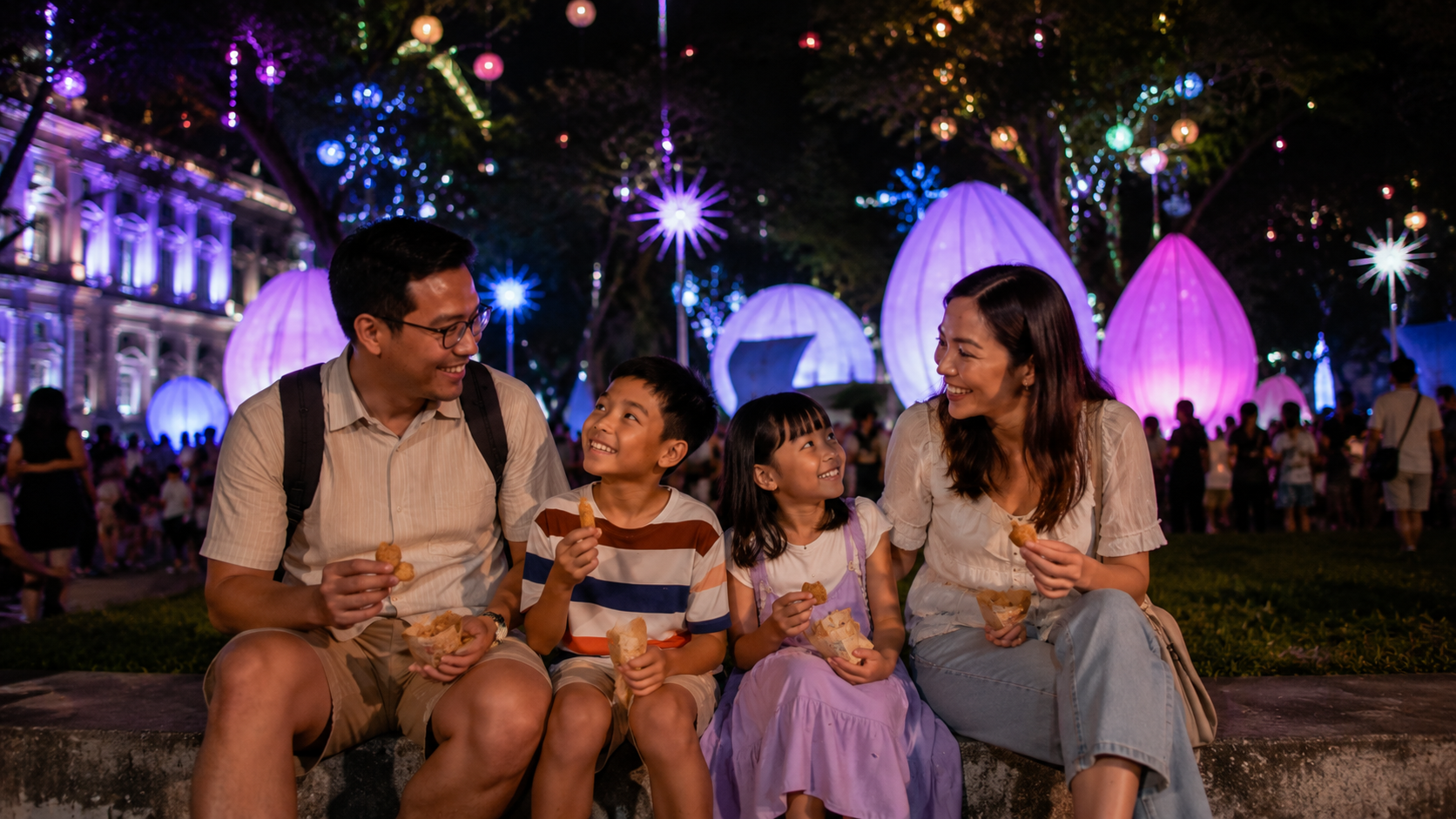 Keluarga Indonesia menikmati fireworks National Day Singapore Agustus 2026 di Marina Bay Waterfront