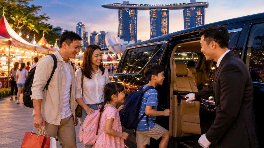 Keluarga Indonesia menggunakan private charter setelah mengunjungi Singapore Food Festival.