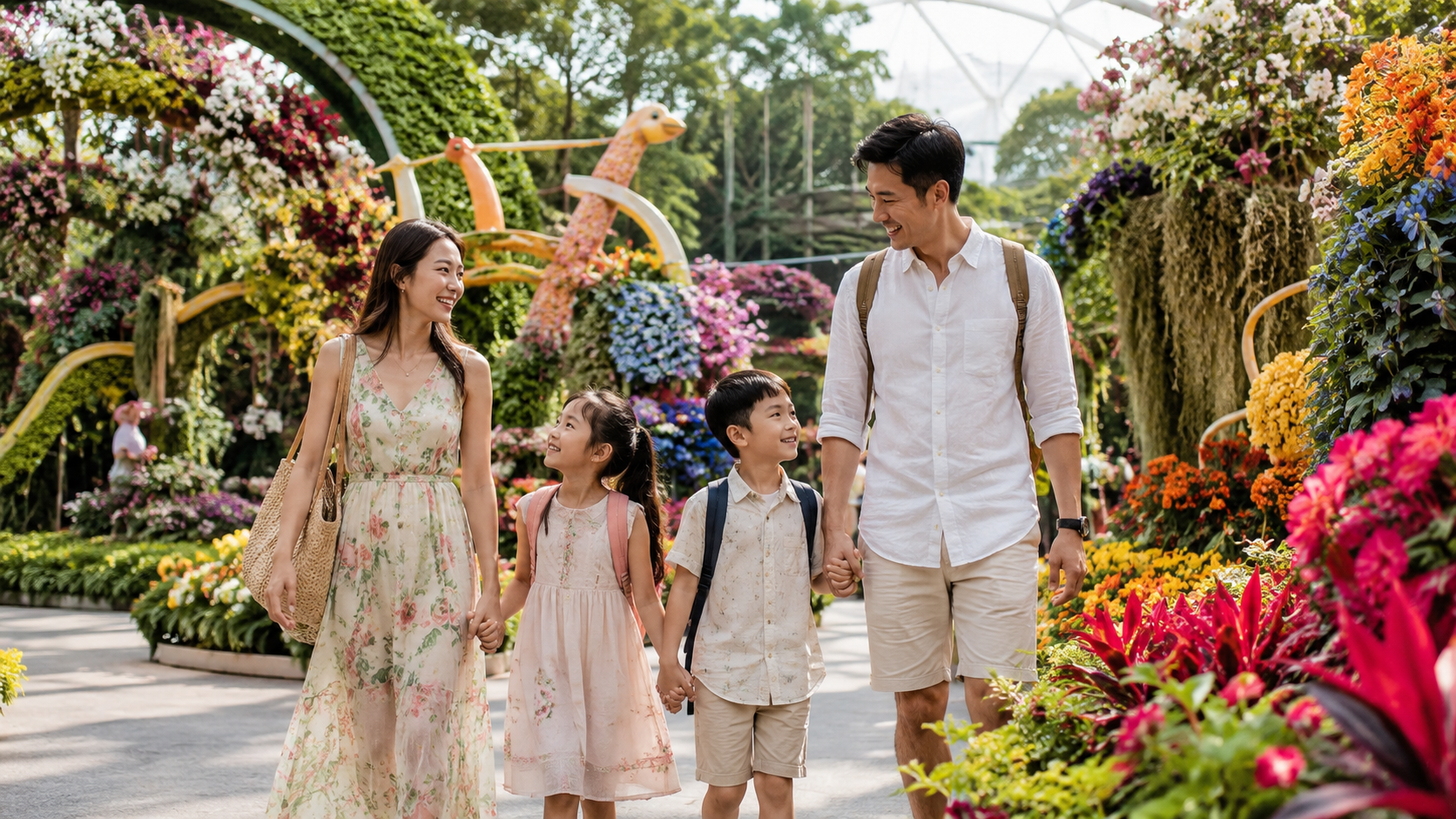 Keluarga Indonesia menikmati Singapore Garden Festival 2026 dengan instalasi bunga internasional.