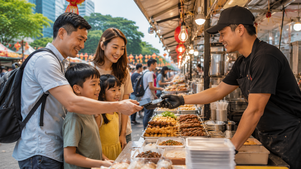 Keluarga Indonesia membeli makanan di Singapore Food Festival