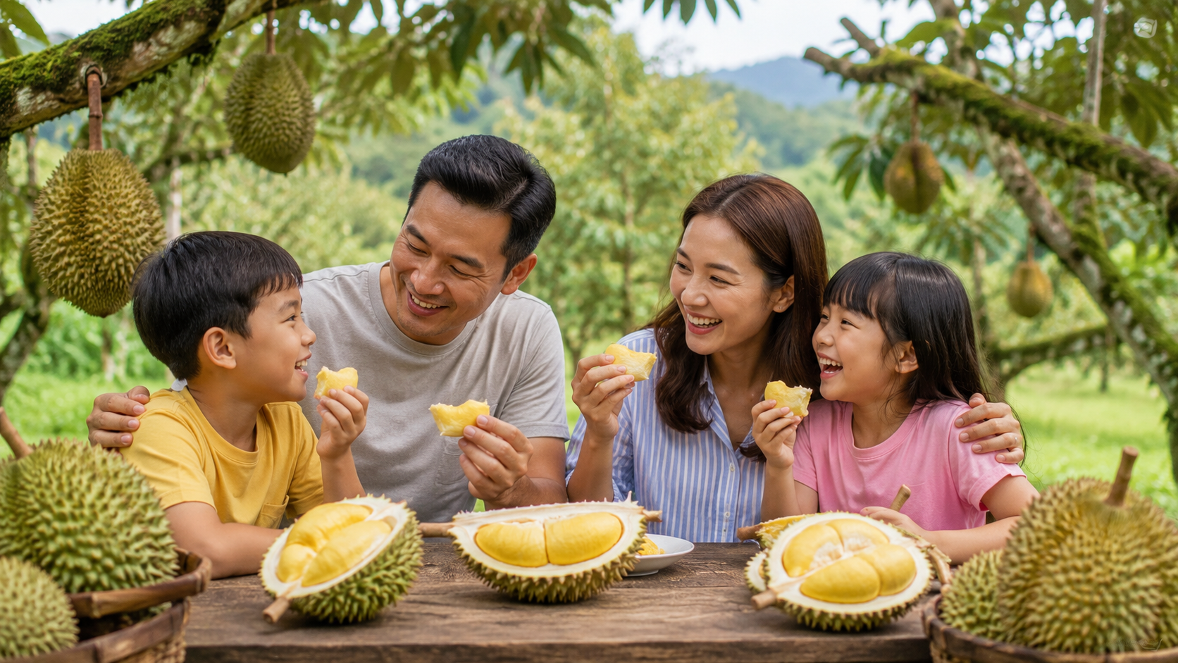 Keluarga Indonesia menikmati Musang King di kebun durian Malaysia