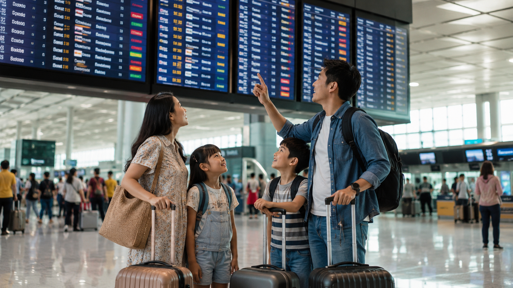 Keluarga Indonesia memilih jadwal penerbangan pagi atau malam menuju Singapore di bandara