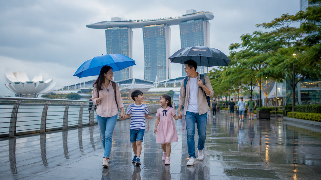Keluarga Indonesia berjalan di Marina Bay Singapore saat hujan